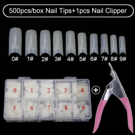 500Pcs/Box False Nails Tips Manicure Kit Nail File Lime 100/180 Buffer Block Cutter Scissors Cleaning Nail Brush Nail Art Tools