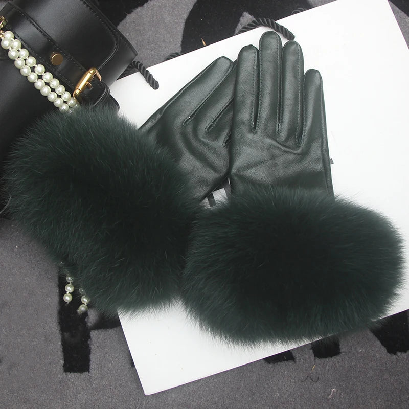 Real Sheepskin Fox Fur Gloves Women's Genuine Leather Glove Winter Warm Fashion Style Natural Fluffy Fox Fur Oversized Customize