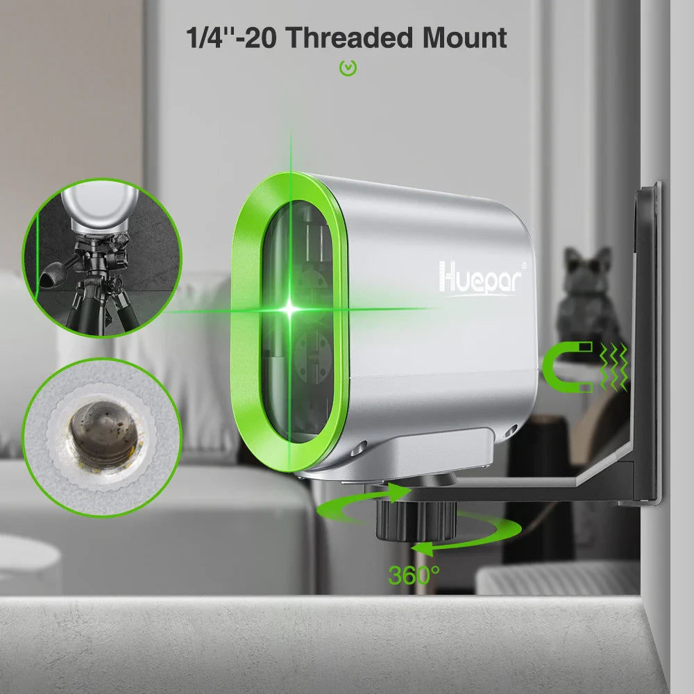 Huepar 2 lines Self-leveling Laser Level & Rechargeable Li-ion Battery Green Beam Cross Line with Pulse Mode & Tripod laser Tool