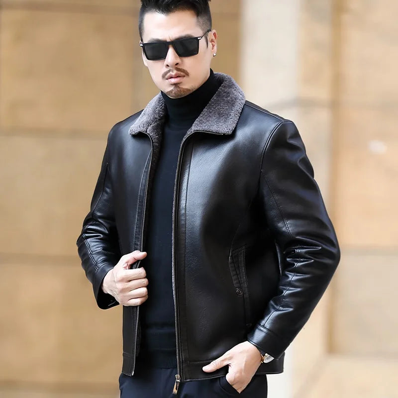 YXL-222 Leather Jacket Men's Fur One Casual Thickened Plus Cashmere Sheep Leather Jacket Short Coat