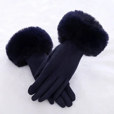 Korean Suede Leather Sports Cycling Warm Gloves Women's Winter Plus Velvet Thicken Full Finger Touch Screen Driving Mittens H92