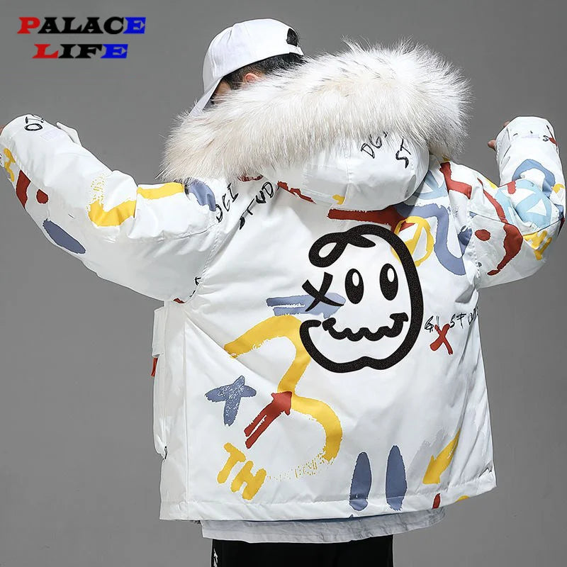 Hipster Winter Down Jacket Men Cartoon Little Devil Print Hooded Thick Windbreaker Oversize Harajuku Padded Jacket Coat Outwear