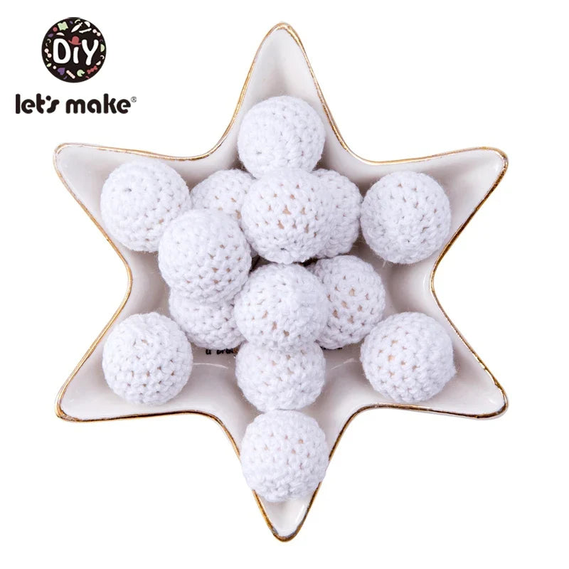 Let's Make 100Pcs Crochet Beaded Wood Teether 16mm Round Baby Wooden Teether Crochet Toys Braided Teething Beads Baby Oral Care