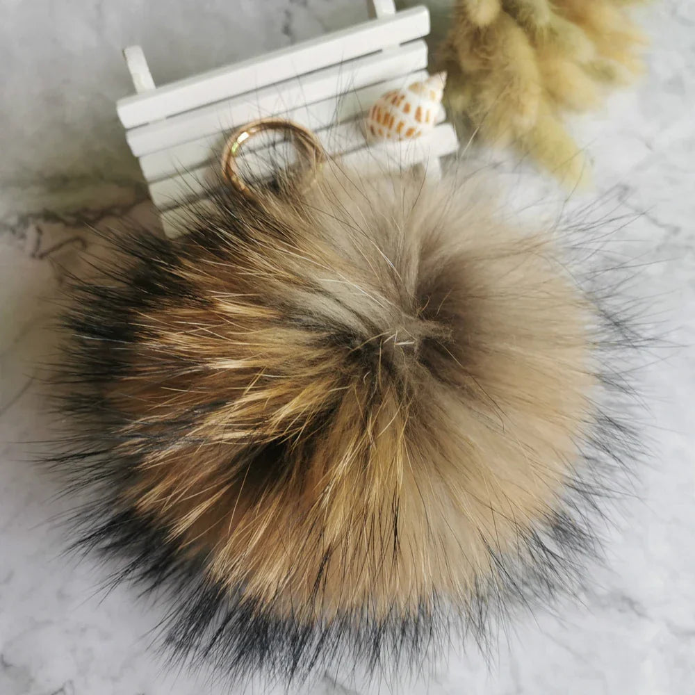 Big Size 15cm Real Fox Fur Ball Keychain Natural Raccon Fur Tassels Leather Strap Key Chain Ring Pendant For Women Charm f278