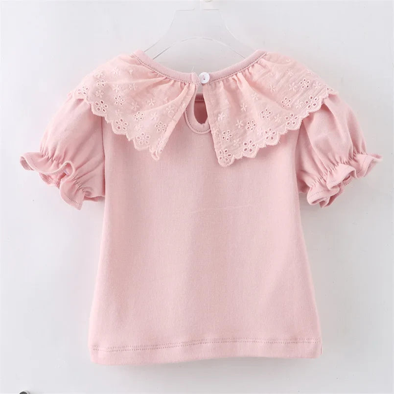 Sweet Princess Style Baby Girls Summer Solid Color Shirt Ruffles Lace Short Sleeve Soft Cotton Shirt Children Tops Outwear