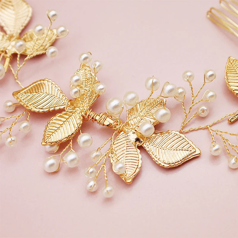 QYY Newest Gold Color Leaves Wedding Hair Comb Long Bridal Hair Accessories Jewelry Pearls Alloy Headpieces Hair Clips