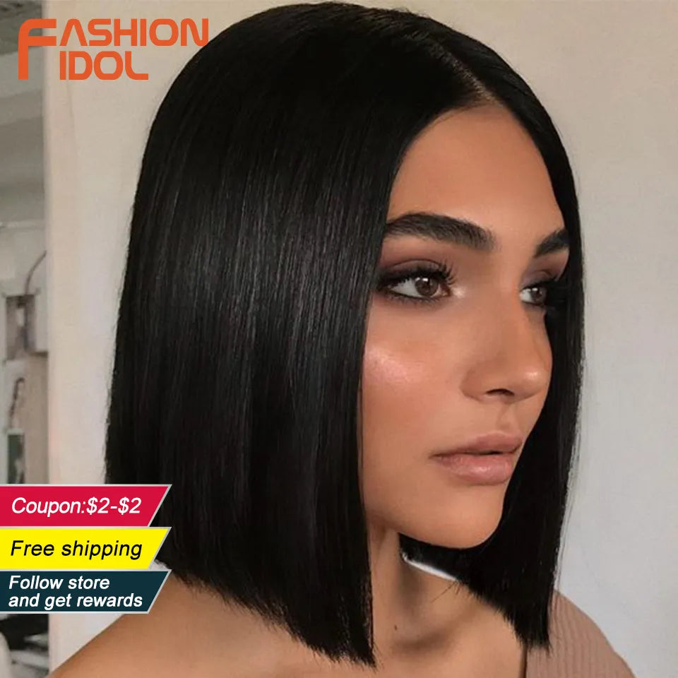 FASHION IDOL 10 Inch Bob Wigs Straight Hair Lace Wigs For Women Cosplay Wigs Heat Resistant Fake Hair Synthetic Free Shipping