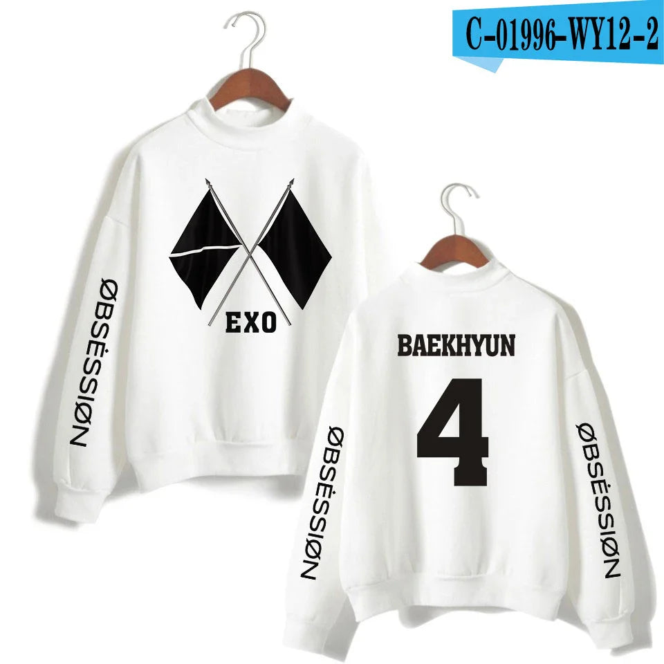 KPOP EXO NEW ALBUM Sixth Album OBSESSION WE ARE ONE EXO Print Women/Men High Collar Sweatshirt Casual Turtlenecks Clothes