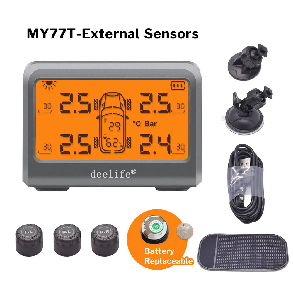 Deelife Car TPMS Solar Tire Pressure Monitoring System For 4 Wheel Alarm Warning With 0-8 Bar Tyre TMPS 4 Sensors