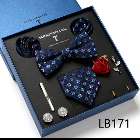 Holiday Gift Box Tie For Men 7.5 cmTie Hanky Pocket Squares Cufflink Set Bow Tie Clip Necktie Box Purple hombre Geometric Office