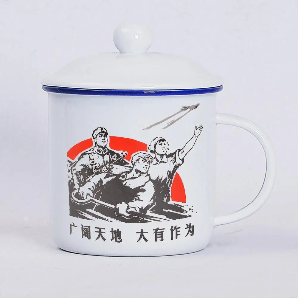 450m Nostalgic Classics Ceramic Cup With Lid China Mao Zedong Retro Drinking Glass Office Creative Tea Pot Imitation Enamel Mug