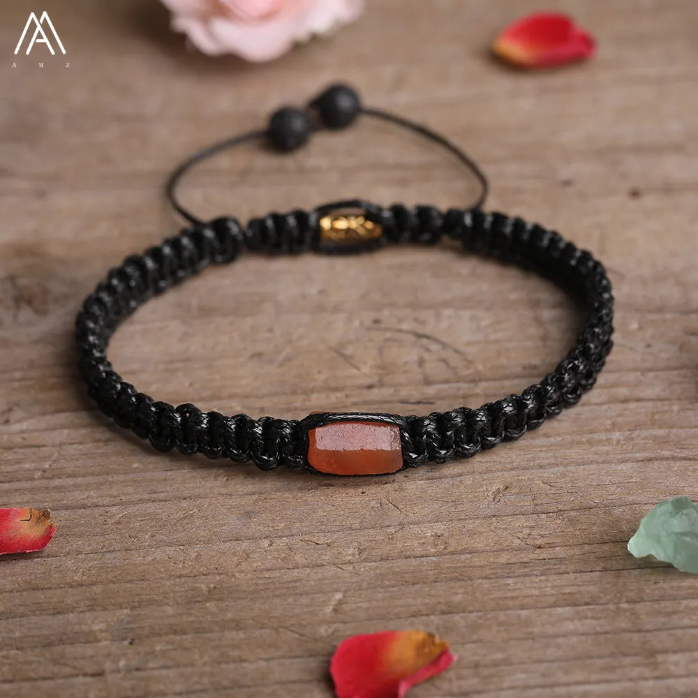 Natural Black Tourmaline Single Beads Woven Adjustable Bracelet Boho Women 6mm Black Lava Stone Beads Mala Bracelet N0383AMC