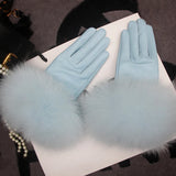 Real Sheepskin Fox Fur Gloves Women's Genuine Leather Glove Winter Warm Fashion Style Natural Fluffy Fox Fur Oversized Customize