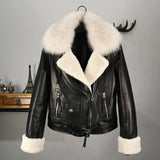 Winter  cotton inside thicker warm real sheep leather jackets female was thin natural fox fur coats sheep fur cuff coat F685