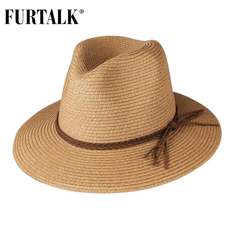 FURTALK Summer Straw Hat for Women Panama Beach Hat Bucket Sun Hats Female Summer Big Brim UV Protection Cap chapeau femme 2020