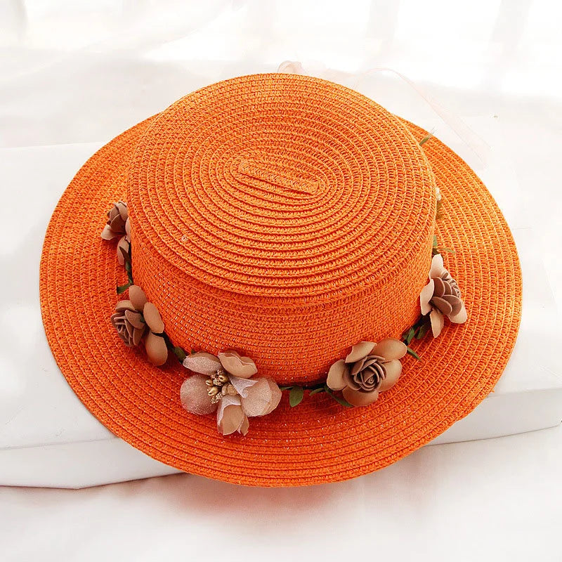 2019 Parent-child Summer New Women's Sun Hat Bucket cap beige lace Bowknot Flowers Ribbon Flat top Straw Hat Beach Caps Panama