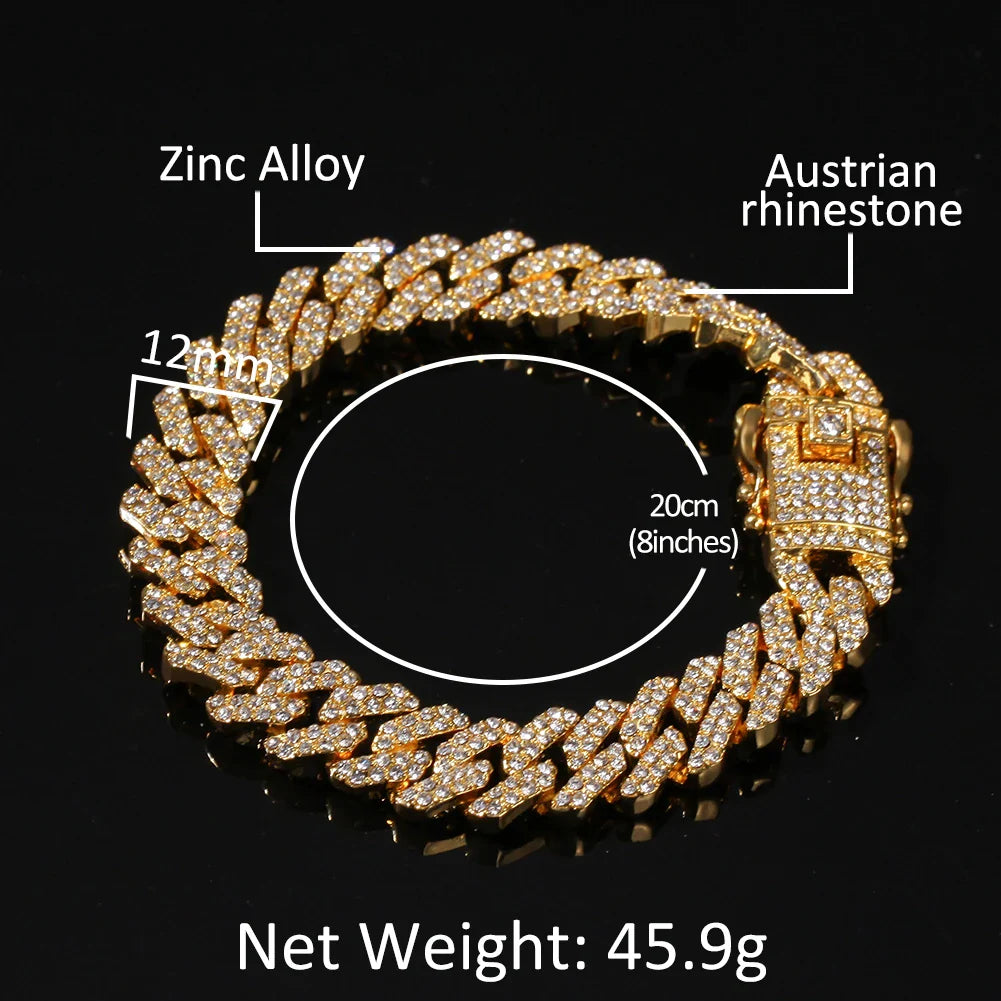 UWIN 12mm Bling S-Link Miami Cuban Bracelets Gold Color Full Iced Rhinestones Hiphop Mens Bracelet Fashion Jewelry