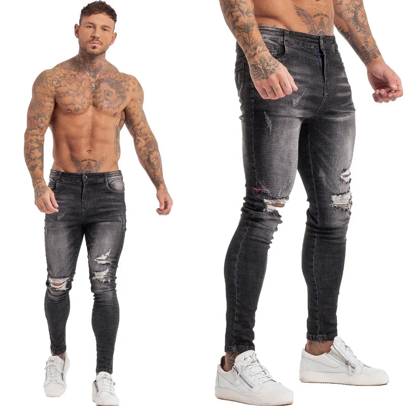 GINGTTO Jeans Men Elastic Waist Skinny Jeans Men 2020 Stretch Ripped Pants Streetwear Mens Denim Jeans Blue