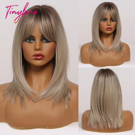 Brown Blonde Short Straight Synthetic Hair Wigs with Bangs for Women Golden Highlight Bob Wigs Cosplay Natural Heat Resistant