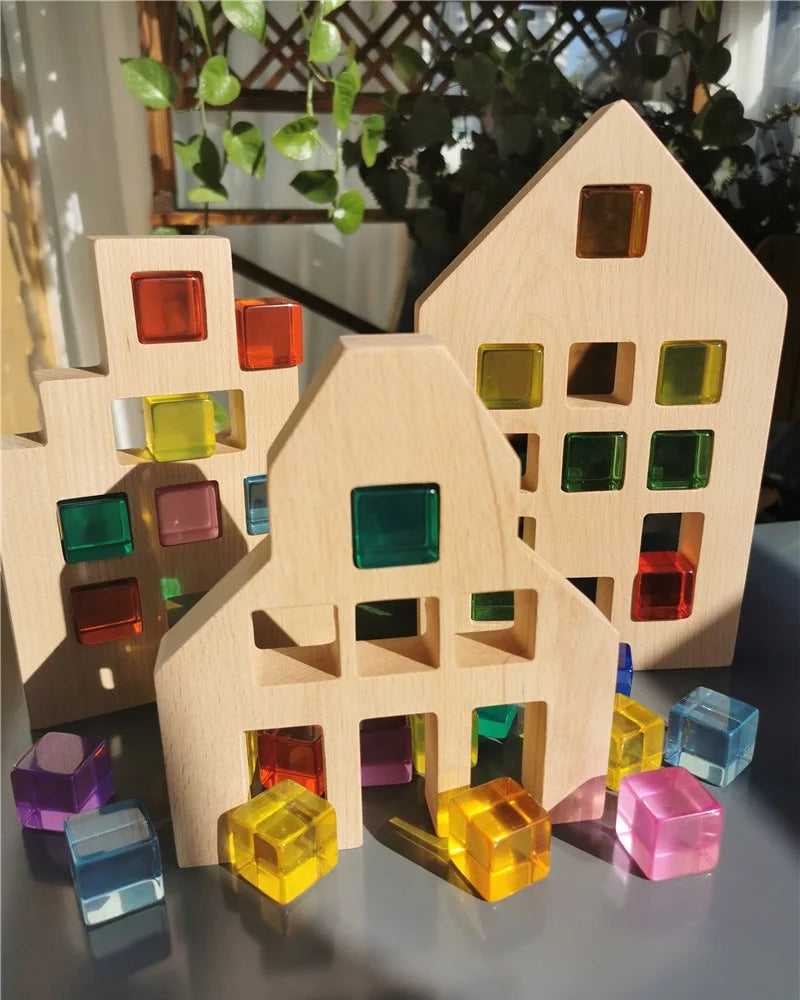 Kids Montessori Wooden Toys Large Dutch Wood House Big Wall Lucite Cube Creative Education Blocks Birthday Gift