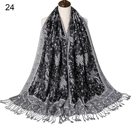 Pashmina Silk Scarf Shawl Wrap Paisley Jacquard Flowers Borders Rave 2 Layers Reversible Classic Tassels For Women 70X180cm 200g