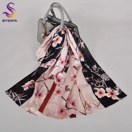 [BYSIFA] New Luxury Pure Silk Scarf Shawl Women Spring Autumn Long Scarves Ladies Brand 100% Silk Neck Scarf Foulard 175*52cm