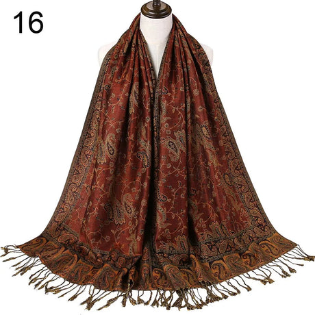 Pashmina Silk Scarf Shawl Wrap Paisley Jacquard Flowers Borders Rave 2 Layers Reversible Classic Tassels For Women 70X180cm 200g