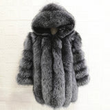 Hooded Silver Fox Fur Coat for Women, Plus Size, Long Sleeves, Winter, Luxury, Natural, Real Silver Fox Fur Jacket with Hood