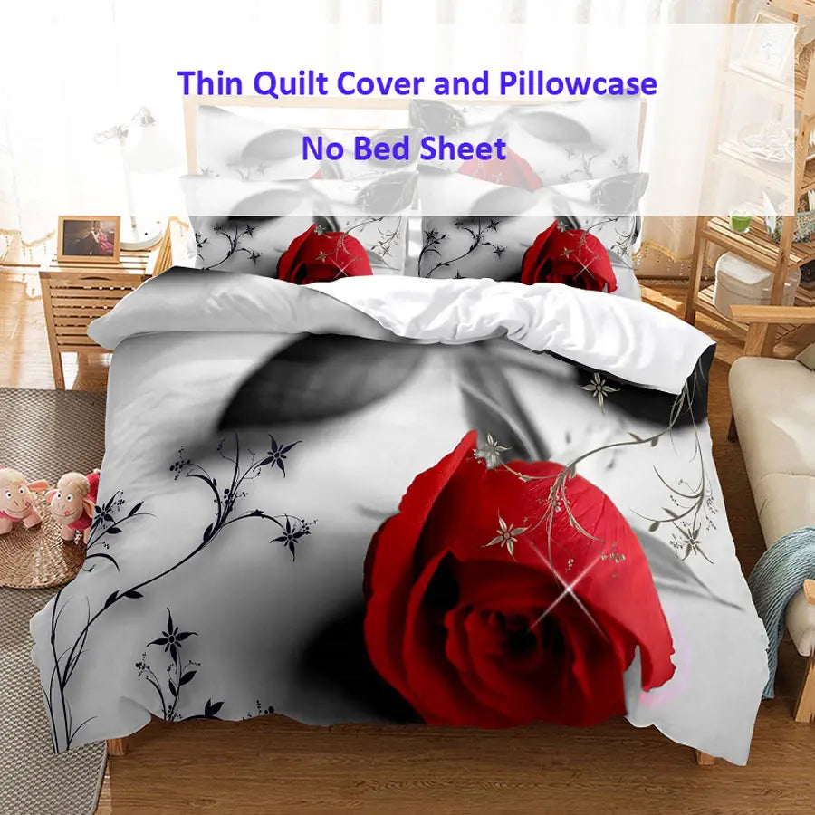 Red Rose Bedding Set Quilt Duvet Cover Comforter Pillow Case 3D HD Double Full King Queen Twin Single 3PCS 2PCS Bedroom Flower