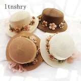 2019 Parent-child Summer New Women's Sun Hat Bucket cap beige lace Bowknot Flowers Ribbon Flat top Straw Hat Beach Caps Panama