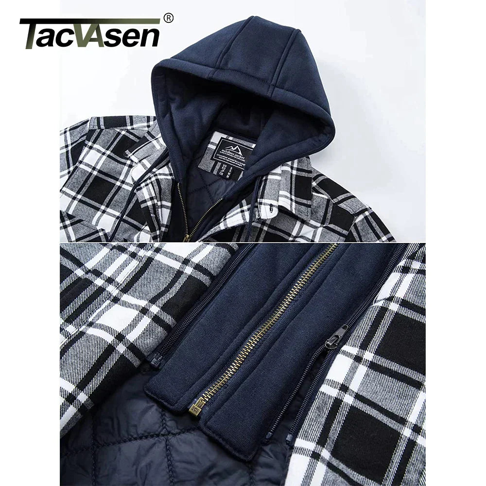 TACVASEN Men's Flannel Shirt Jacket with Removable Hood Plaid Quilted Lined Winter Coats Thick Hoodie Outwear Man Fleece Shirts