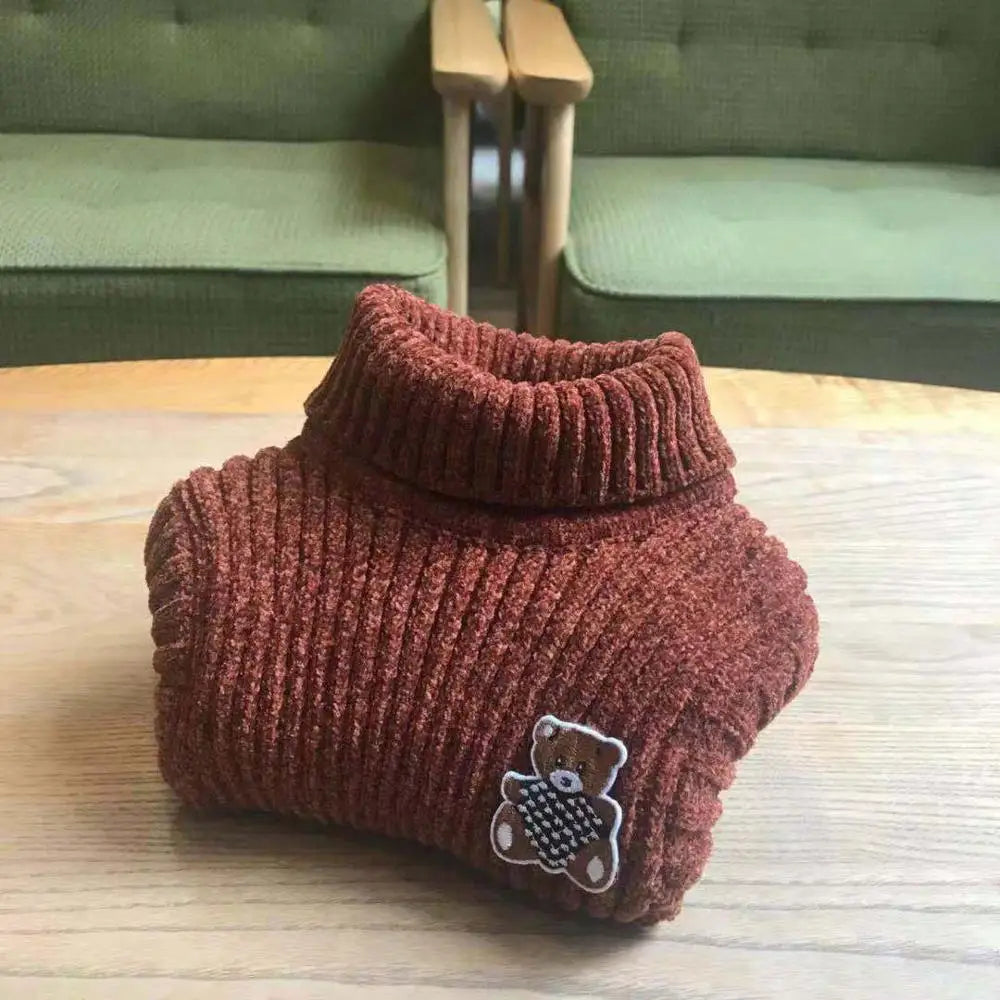 High Quality Sweater With Bear Pure Winter Boy Girl Kid Thick Knitted Turtleneck Shirts Solid High Collar Pullover Fluff Sweater