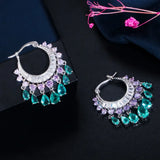 CWWZircons Brilliant CZ Crystal Green Dangling Fringed Waterdrop Round Hoop Earrings for Women New Trendy Bohemian Jewelry E0451