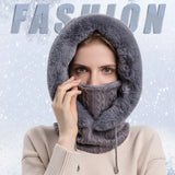 Winter 3 in1 Warm Women Knitted Ski Hat With Scarf Neck  Fleece Lined Hood Face Mask Adult Balaclava For Outdoor Sports