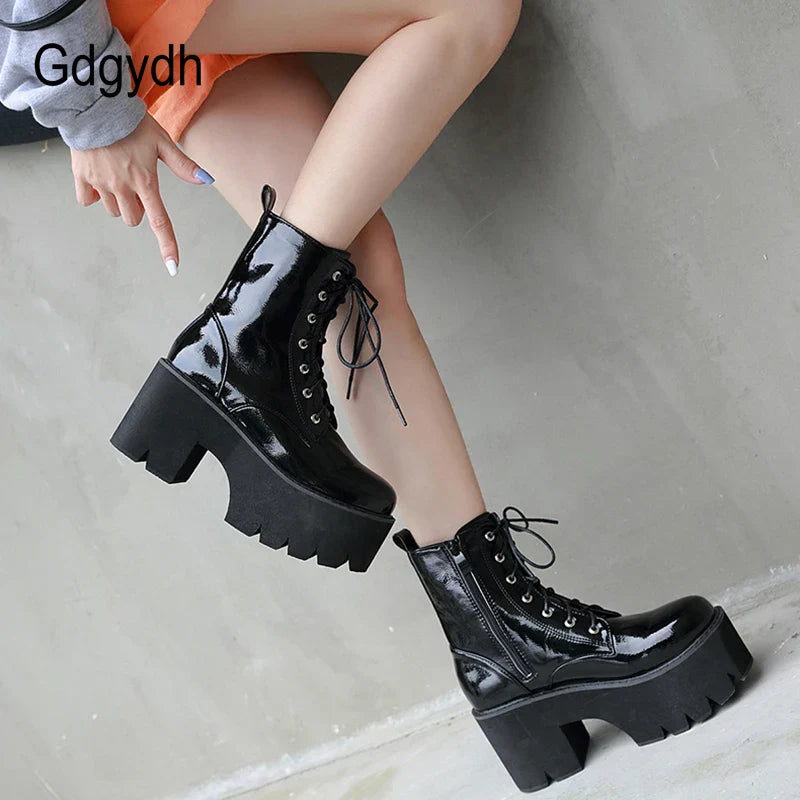 Gdgydh Woman Lace Autumn Boots Womens Ladies Chunky Wedge Platform Black Patent Leather Ankle Boots Punk Goth Shoes Lace Up