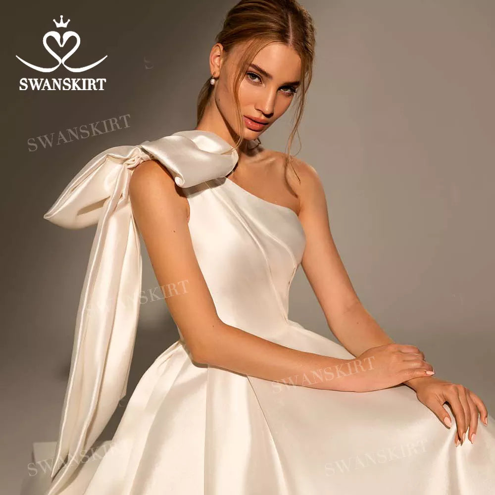 Vintage Bow Satin Wedding Dress 2024 New Fashion One Shoulder A-Line Train Bride Gown Princess SwanSarah W101 Vestido De Novia