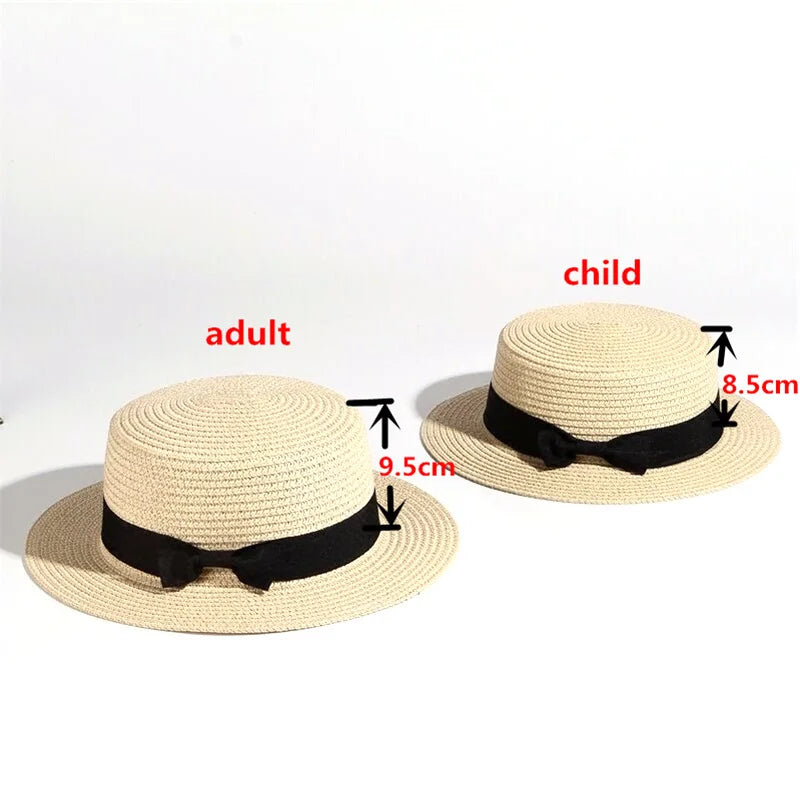 2019 Parent-child wholesale sun flat straw hat boater hat girls bow summer Hats For Women kid and Beach flat panama straw hat