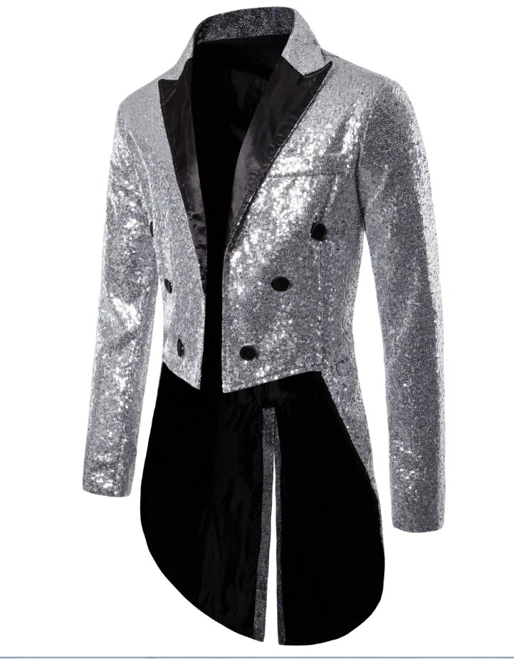 Men’ s Suit, Sequins Turn-Down Collar Long Sleeve Swallow-Tailed Coat for Men, S/M/L/XL/XXL