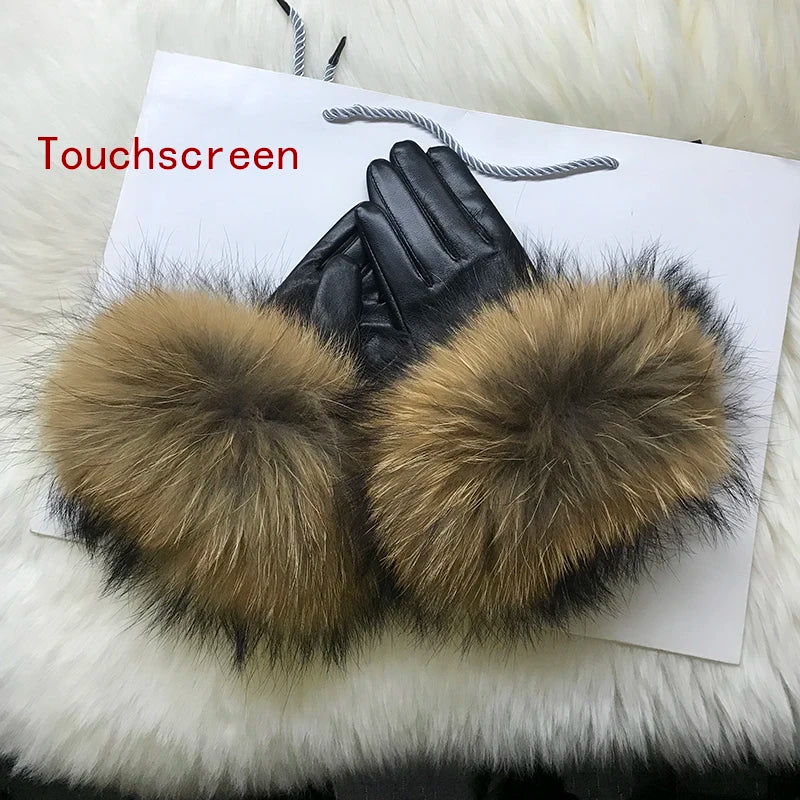 Real Sheepskin Fox Fur Gloves Women's Genuine Leather Glove Winter Warm Fashion Style Natural Fluffy Fox Fur Oversized Customize