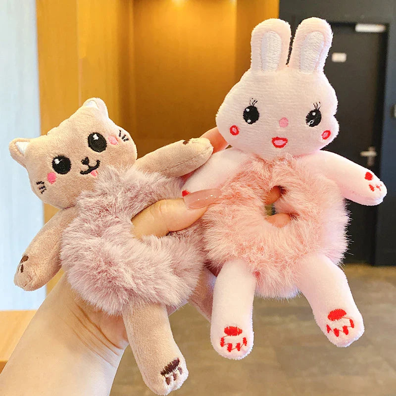 2pcs Plush Animal Scrunchie Set Elastic Hair tie Ponytail Rubber Band Accessories Kawaii Stuffed Cartoon Frog Cat Hair Rope Girl