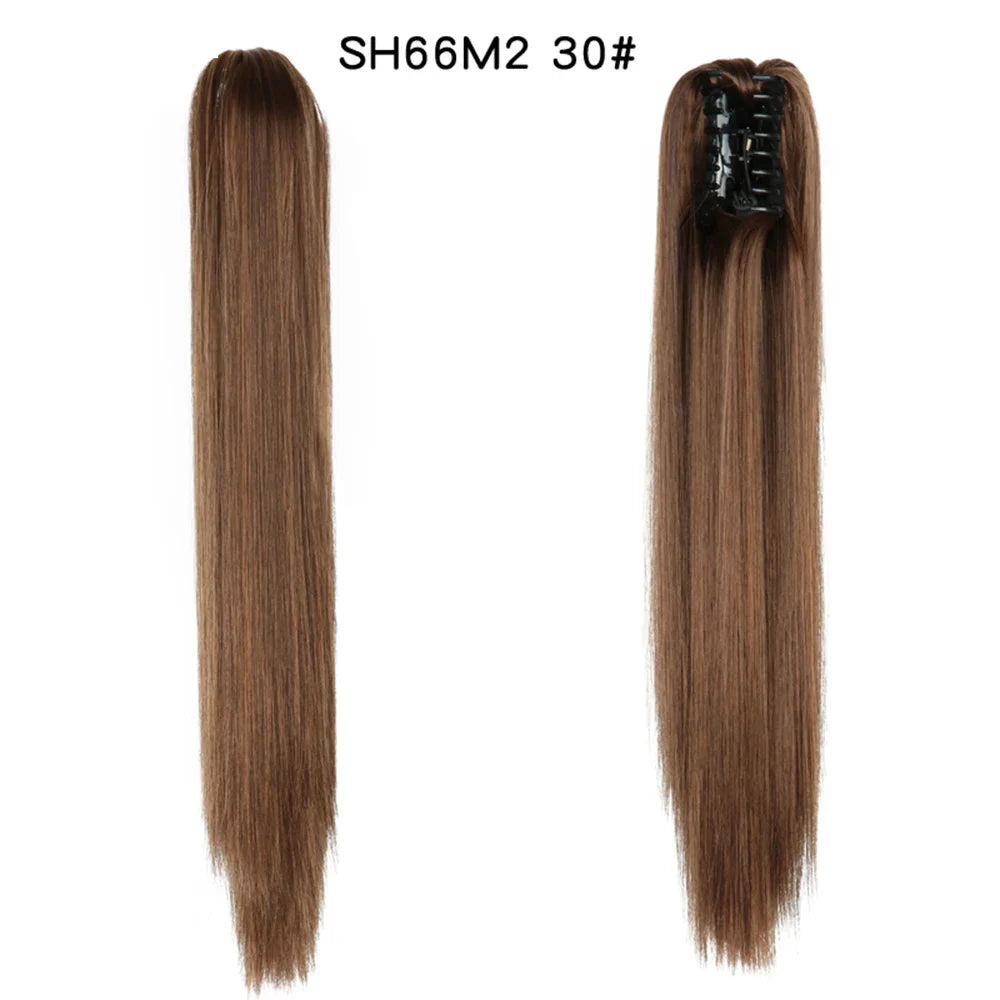 Budabuda 24Inch Long Straight Ponytail Hair Extensions For Women Synthetic Claw On Ponytail Hairpiece Black Blonde Brown