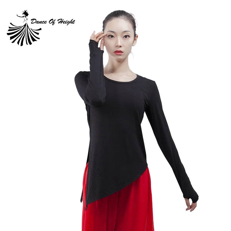 Womens Round Neck Finger Sleeve Modern Dance Wear Modal Yoga Practice Dress Side Lacing Classical Dance Top Blouse Plus Size 4XL