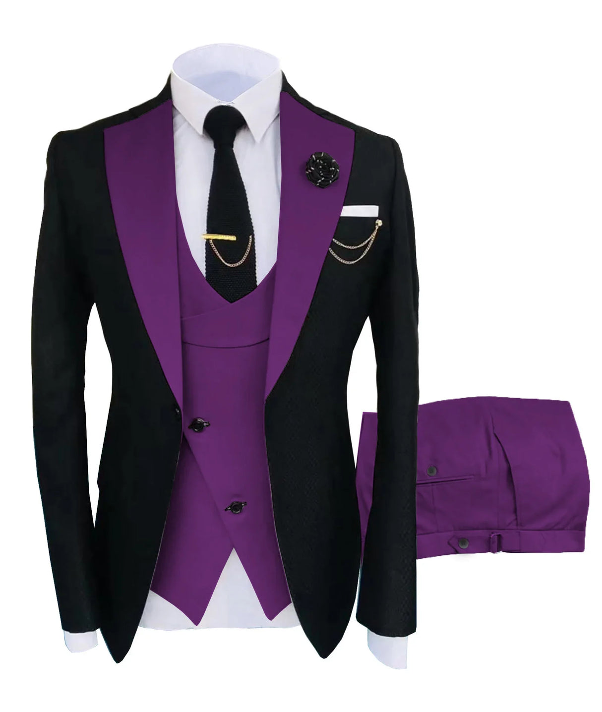 Mens Suit 3 Pieces Formal Fashion Solid Flat Color Tuxedos Jacket Wedding Groom Navy Burgundy(Blazer+Vest+Pants)