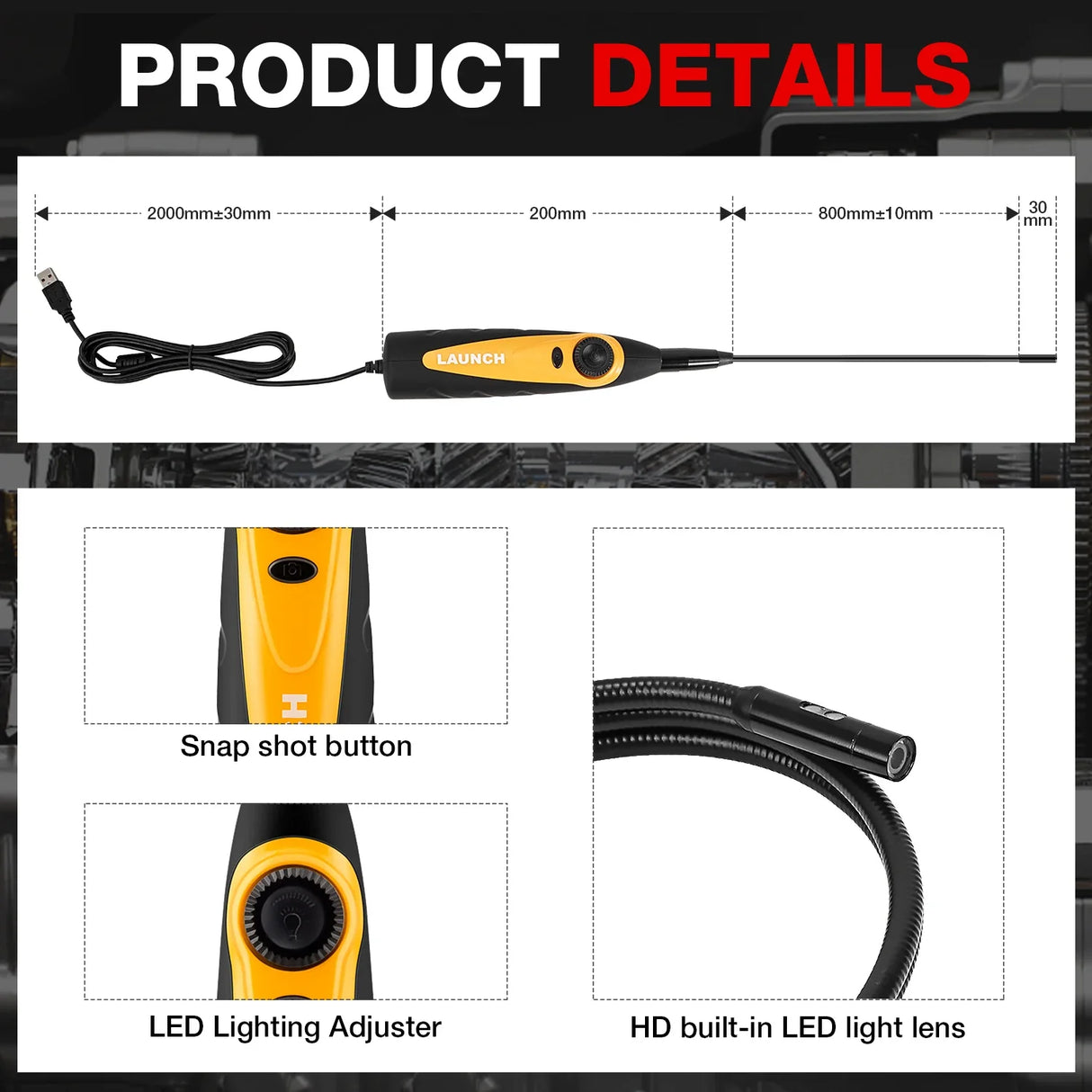 Launch VSP600 USB Inspection Camera VSP-600 Videoscope 5.5MM 6 LED Light for X431 tools for View record save images and vides