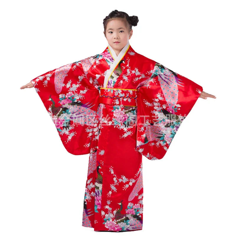 Children Kimono Traditional Japanese Style Peacock Yukata Dress for Girl Kid Cosplay Japan Haori Costume Asian Clothes