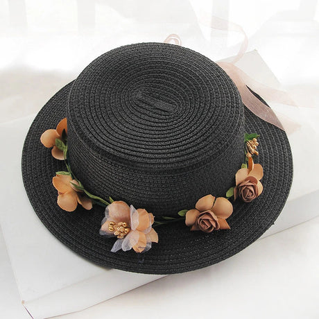 2019 Parent-child Summer New Women's Sun Hat Bucket cap beige lace Bowknot Flowers Ribbon Flat top Straw Hat Beach Caps Panama