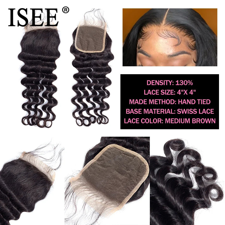 ISEE HAIR Brazilian Loose Deep Bundles With Closure 100% Remy Human Hair Bundles With Closure 3/4 Bundles Hair With Closure 4x4