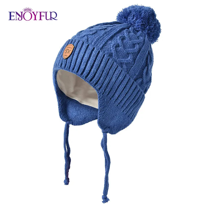 ENJOYFUR Warm Winter Baby Knitted Hats Real Fur Pompom Fleece lined Boy Caps Cute Thick Kids Elastic Earflap Outdoor Ski Beanies