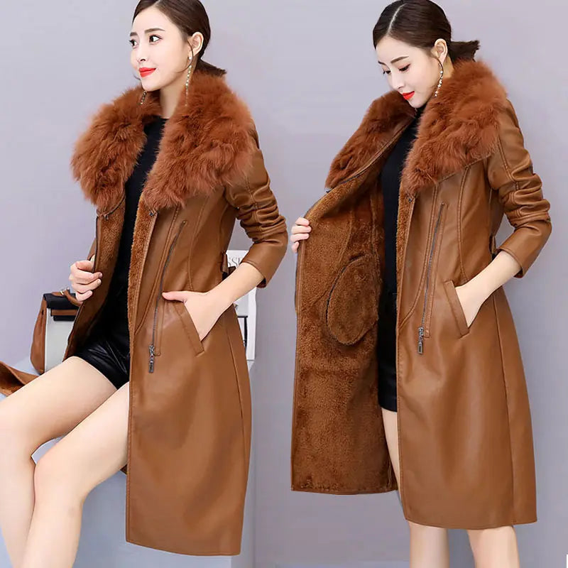 Women's Leather Jacket Winter 2023 New Add Velvet Warm Slim Big Fur Collar Long Leather Coat Female Outerwear With Belt M-4XL