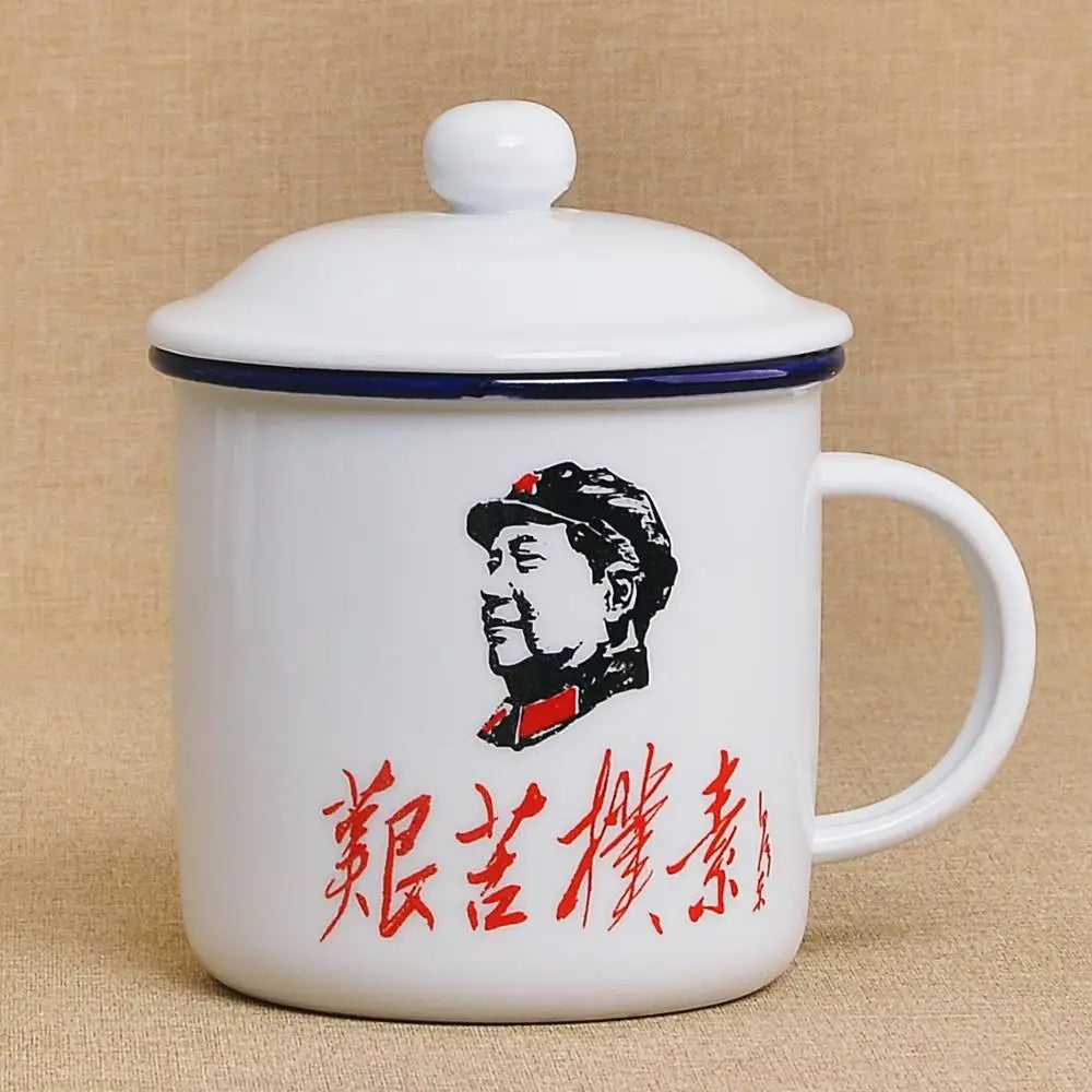 450m Nostalgic Classics Ceramic Cup With Lid China Mao Zedong Retro Drinking Glass Office Creative Tea Pot Imitation Enamel Mug